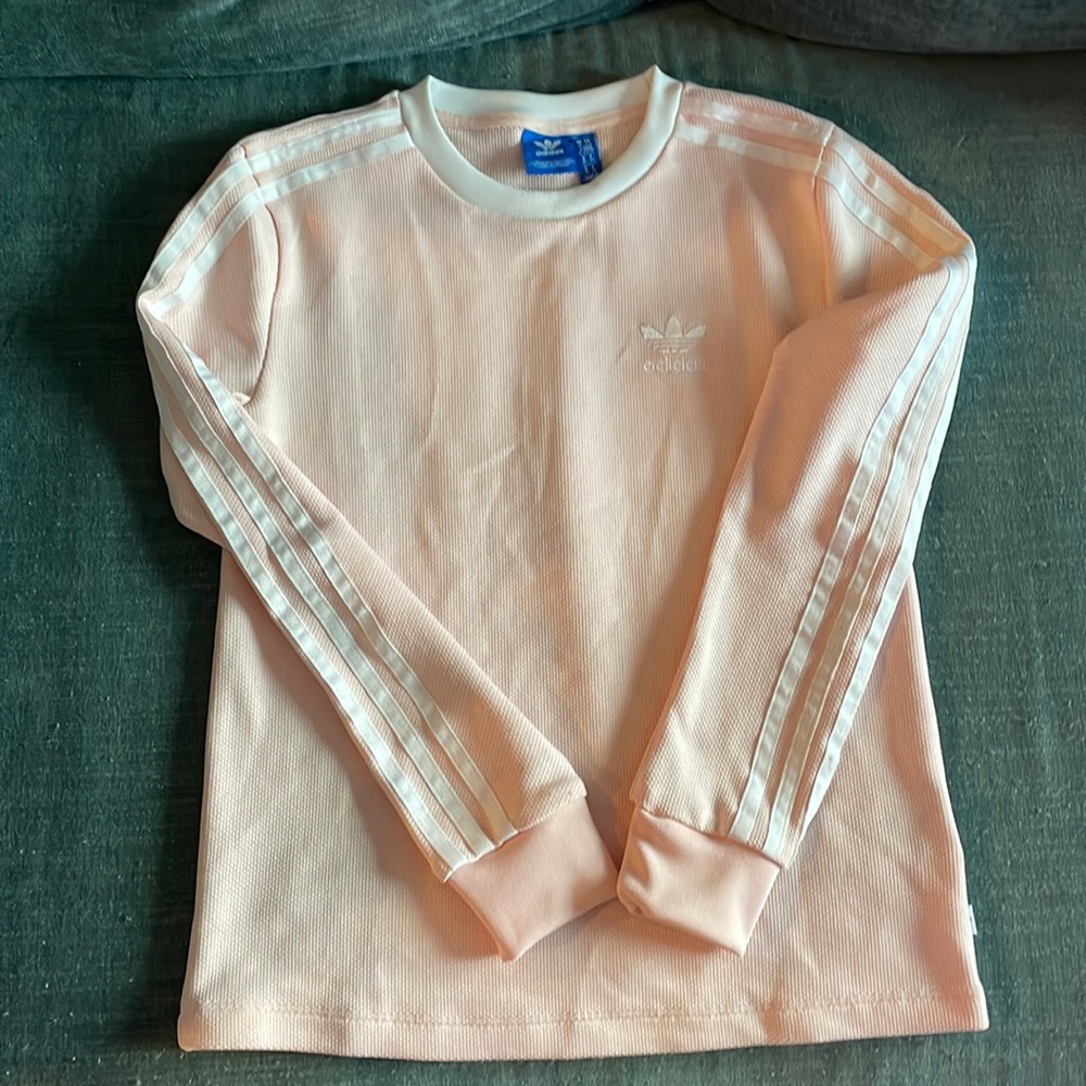 Adidas pink with white stripes exercise top